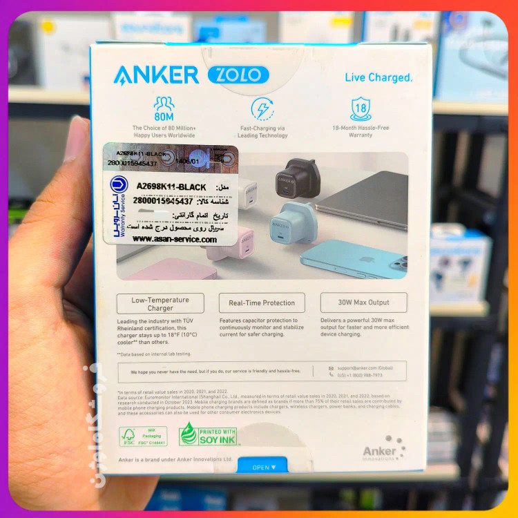 شارژر دیواری Anker Zolo 30W PD A2698 شارژ سریع 30 وات